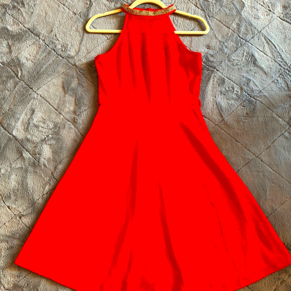 Gold neck red Aline Dress